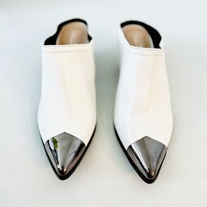 White Steele Faux Leather Heeled Mules. Size 8